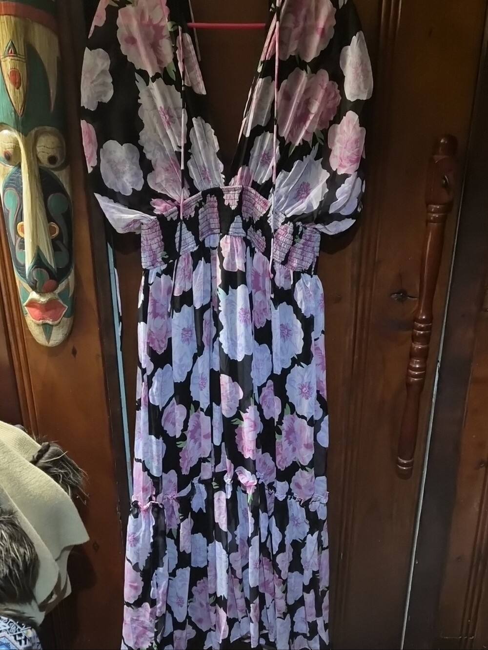 Fashion Nova Black Maxi Dress with Pink Floral Print